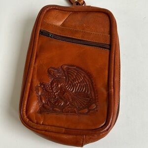 Made in Mexico hand tooled brown leather wristlet eagle and Mexico zip close